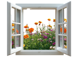 Isolated Open Window with Flowers