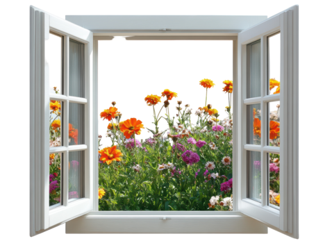 Isolated Open Window with Flowers