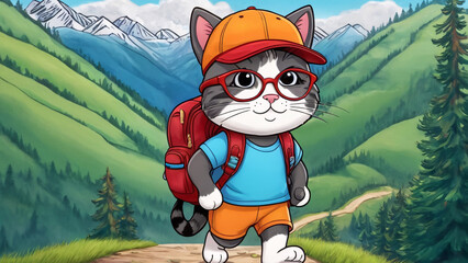 An Adventurous and Playful Cat Enjoying a Fun Hiking Trip in Beautiful Scenic Mountains