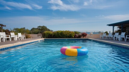 A vibrant inflatable pool float rests in a sparkling blue swimming pool surrounded by lush greenery and bright white lounge chairs.