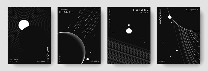 Set of abstract space astronomy backgrounds. Line art galaxy, meteorites, planet, solar system. Science future concept. Cosmic minimalist design for cover, poster, layout, banner, flyer, brochure