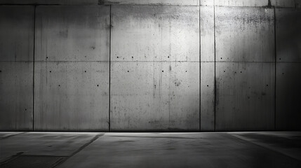 Concrete wall with a spotlight in an empty underground parking garage, emphasizing the industrial aesthetics and creating a minimalist backdrop for urban photography