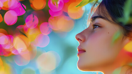 serene profile of young woman surrounded by colorful bokeh, evoking dreamlike atmosphere