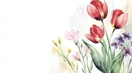 Fototapeta premium Watercolor painting of red tulips, pink flowers, and purple blossoms on white background.