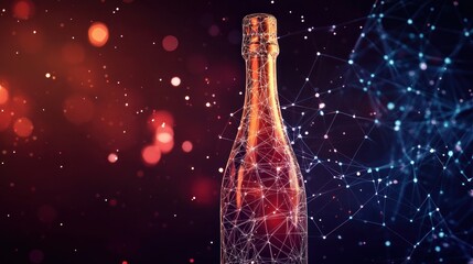 Sparkling wine bottle in festive bokeh lights with digital network effect.
