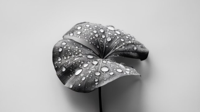 A close-up of a monochrome monstera leaf adorned with glistening water droplets, showcasing its elegant shape and intricate textures.