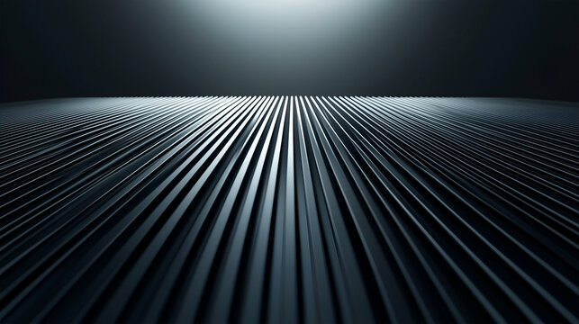 Abstract dark metallic texture with parallel lines receding into the light, creating a sense of depth and perspective, ideal for industrial design or futuristic backgrounds