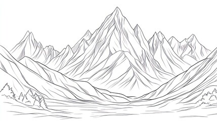 Line art drawing of majestic mountains and valley.