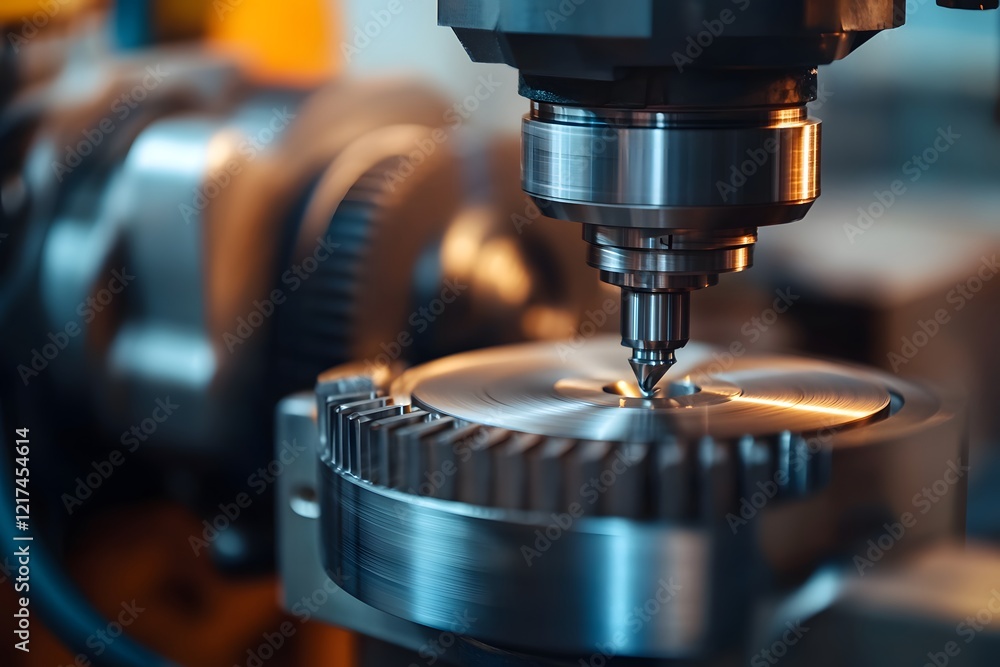 Poster advanced precision engineering: close-up of a cnc milling machine cutting into a metal workpiece at 