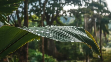 A vibrant green leaf glistens with droplets of water, showcasing nature's beauty in a lush tropical setting.