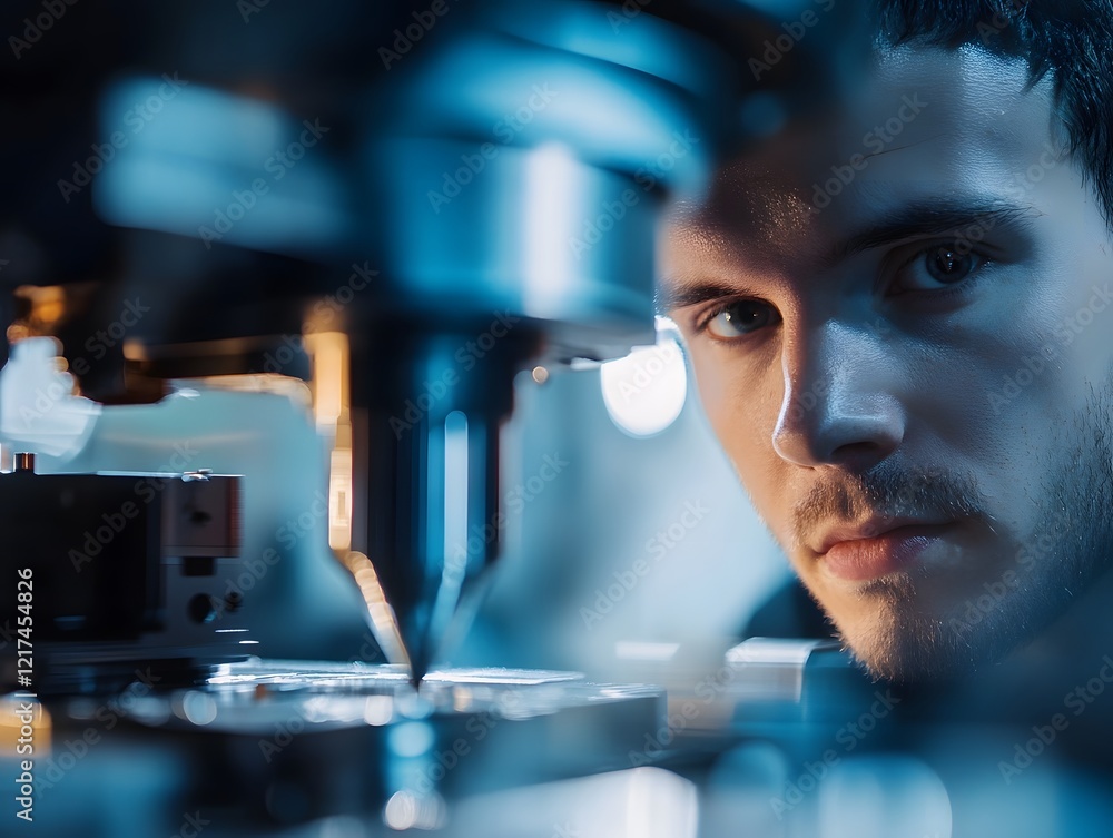Poster focused engineer analyzing precision machinery in high-tech workshop environment carefully inspectin