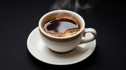 Fototapeta premium A steaming cup of freshly brewed coffee on a black surface, showcasing its rich dark color and inviting aroma, perfect for coffee lovers.