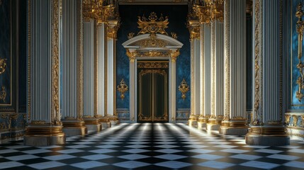 Elegant Palace Hallway with Gold Accents and Checkered Floor