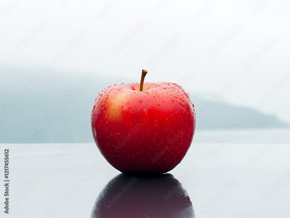 Poster red apple with water drops on a reflective surface against a blurred mountain landscape, creating a 