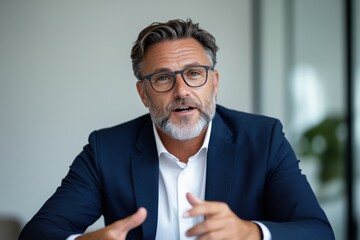 Geschäftsmann bei einer Präsentation, reifer Mann mit grauem Haar und Bart spricht im Büro

