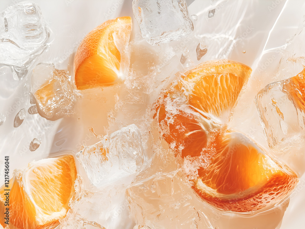 Poster orange slices submerged in ice cubes and water creating a refreshing and vibrant summery still life 