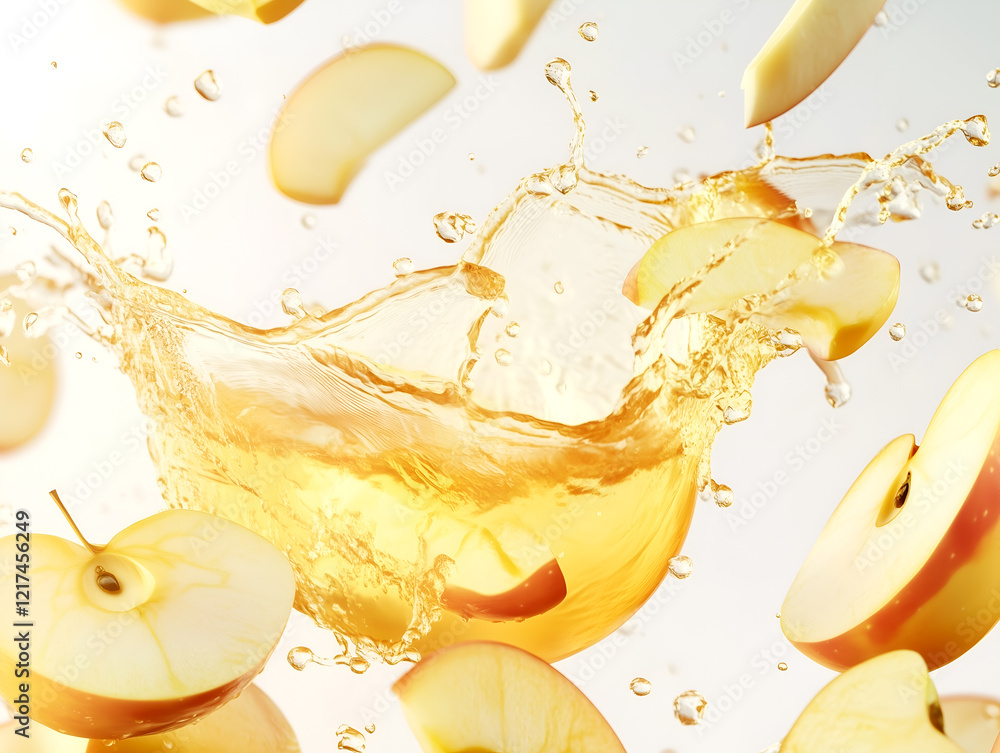 Poster apple slices and juice splashing in a vibrant and refreshing burst, capturing the essence of a crisp