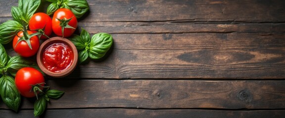 A vibrant arrangement of ripe red tomatoes and lush green basil leaves surrounds a small bowl of thick, savory tomato sauce on a rustic wooden table. This mouthwatering scene evokes the essence of