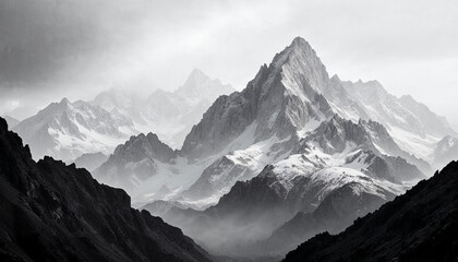 Majestic mountain range under cloudy skies with snow-covered peaks in early morning light