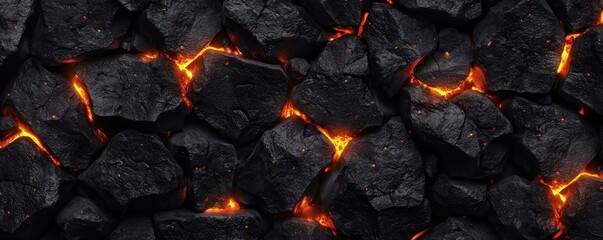 Detailed 3D illustration of black coal chunks with fiery embers glowing between the cracks, symbolizing intense heat and burning fuel