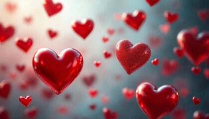 Obraz premium Floating red hearts create a romantic atmosphere perfect for celebrations or special occasions in dim lighting