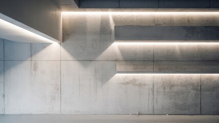 Obraz premium A minimalist interior showcasing a textured concrete wall with linear LED lighting, enhancing the modern aesthetic and creating a serene atmosphere.