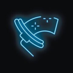 Blue neon icon of a satellite dish receiving data from space