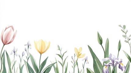 Watercolor painting of tulips, irises, and other spring flowers on white background.