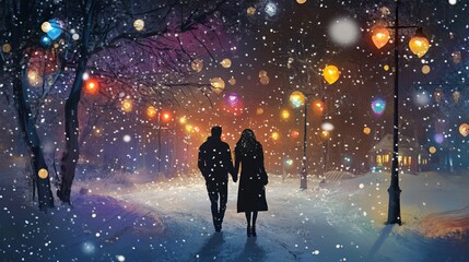 Obraz premium Romantic winter stroll city park photograph snowy night eye-level view love in the air