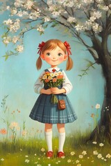 Fototapeta premium Cheerful Schoolgirl Holding Flowers Under Blooming Tree in Whimsical Outdoor Scene