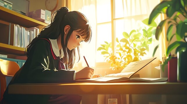 Anime-Inspired Schoolgirl Sketching in Notebook by Sunlit Classroom Window