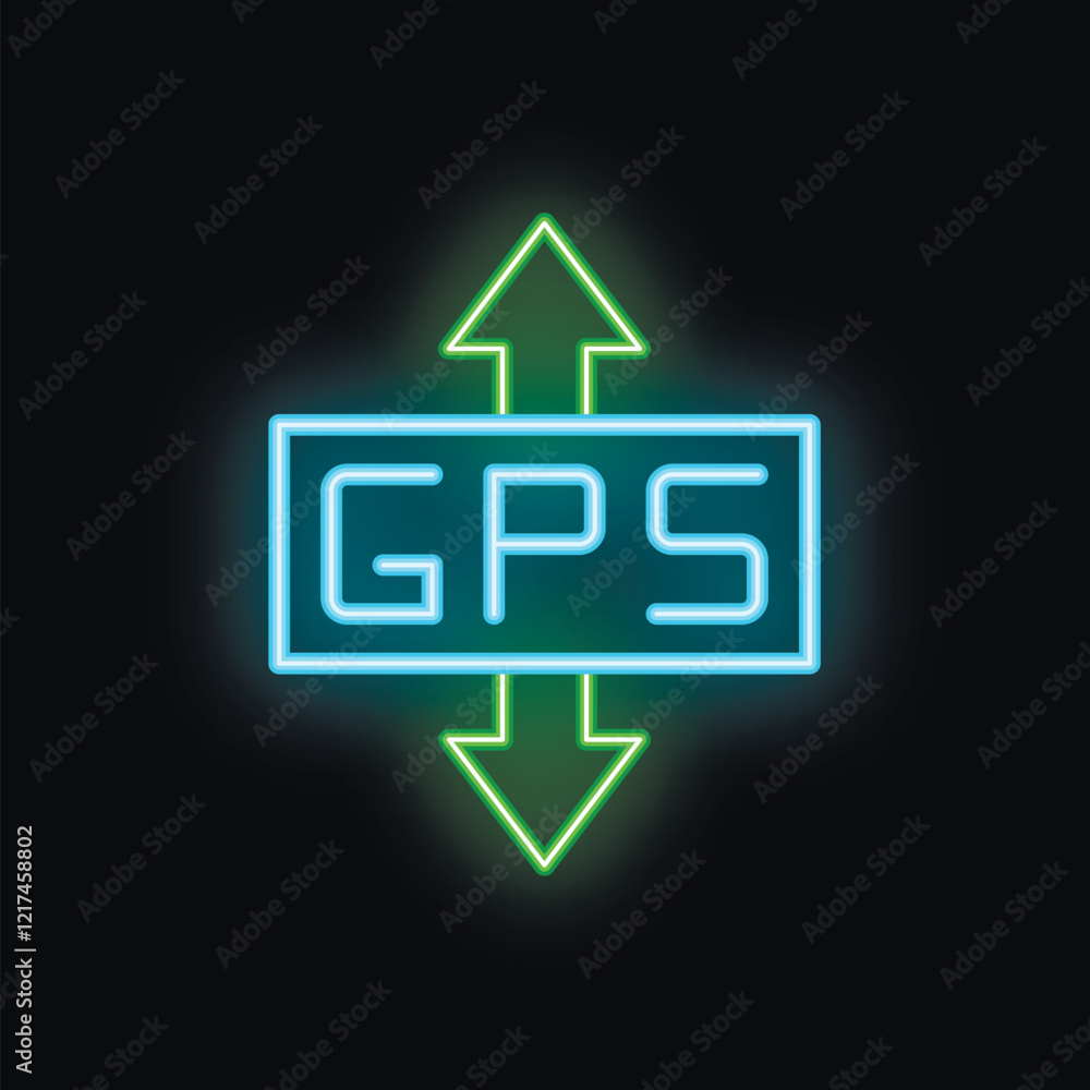 Aufkleber glowing neon gps navigation sign with arrows pointing up and down on a black background