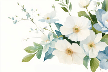 Fototapeta premium Beautiful arrangement of white and light blue flowers with green leaves on a soft background