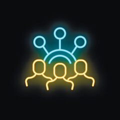 Neon business icon with a group of professionals sharing ideas and collaborating under a network symbol