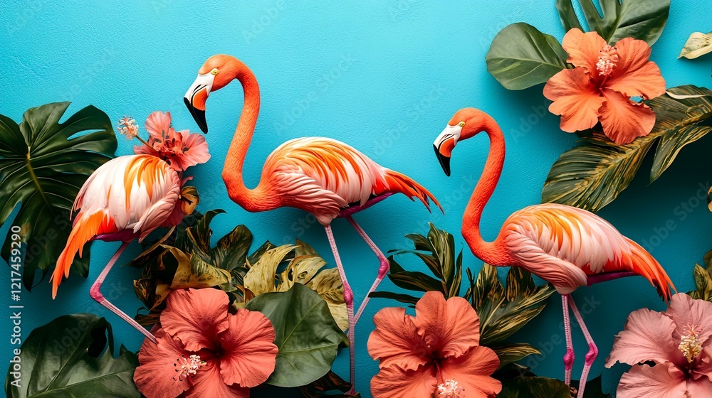 Canvas Prints Three flamingos amidst vibrant tropical flowers on a blue background; perfect for summer travel brochures or vacation websites