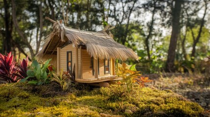 A charming miniature wooden house with a thatched roof, surrounded by vibrant greenery and soft moss, capturing a serene outdoor atmosphere.