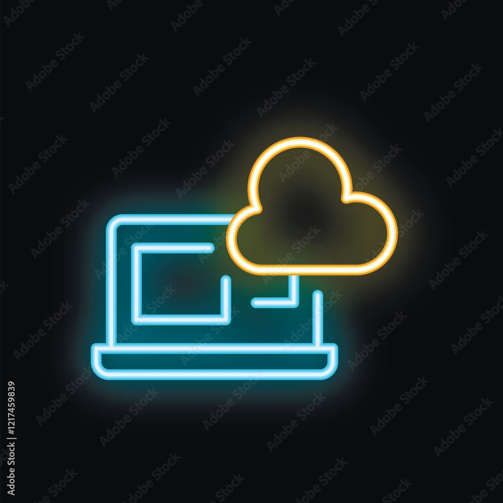 Poster neon glowing icon of a laptop connecting to a cloud computing system, representing cloud storage and