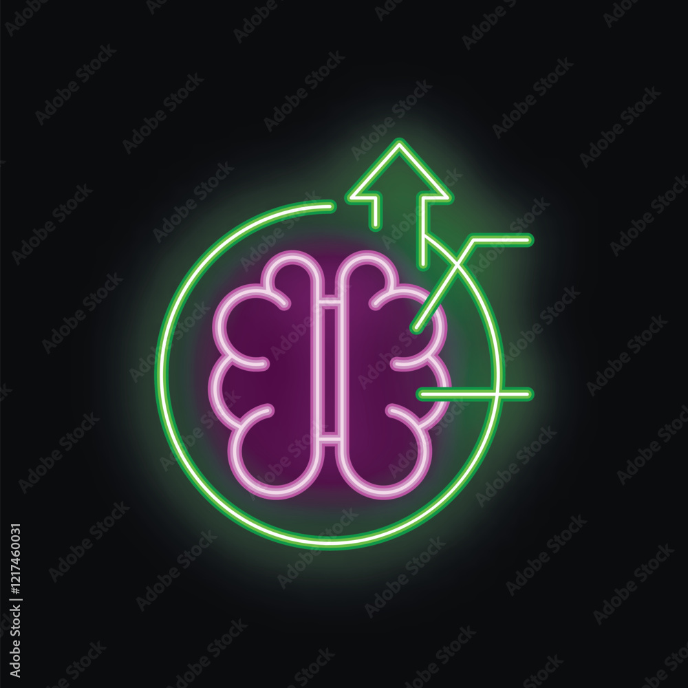 Poster neon sign showing a brain with its activity increasing, symbolized by an arrow pointing up