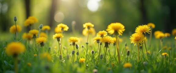 Fototapeta premium A breathtaking field of dandelions bursts with golden blooms, illuminated by soft sunlight filtering through lush greenery. This serene scene captures the essence of natures beauty, inviting viewers
