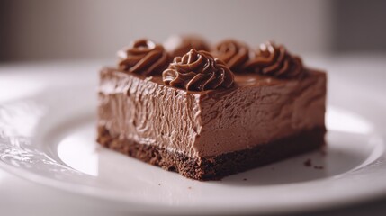 A chocolate mousse with glaze served on a white plate. Irresistible and succulent chocolate mousse dessert.