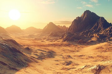 Naklejka premium Desert landscape with mountains in Texas . The sun sets over a tranquil desert, casting vibrant colors across the sandy terrain and distant dunes.