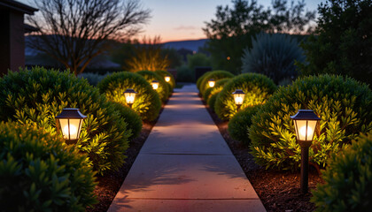 Obraz premium Solar garden lanterns illuminating serene pathway at twilight, tranquility