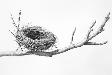 A detailed pencil drawing of an empty bird's nest on a branch, against a white background