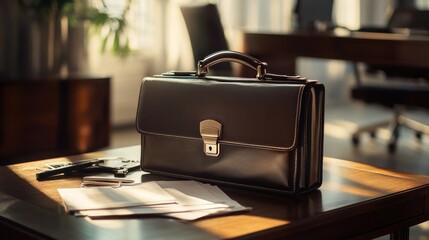Brown leather briefcase on wooden table in office.