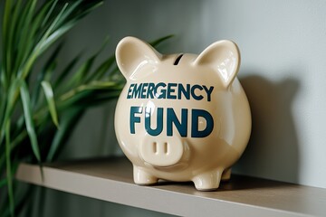 A beige piggy bank labeled 'EMERGENCY FUND' sits on a shelf against a soft green background, surrounded by lush green plant leaves. fund for emergency