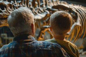 Generative AI Image of Parent and Child Exploring Dinosaur Skeletons in Historical Museum Exhibition