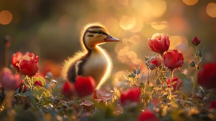 Adorable duckling in sunset-lit rose garden.