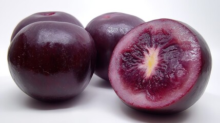 Obraz premium Purple fruits halved studio shot, white background, healthy food