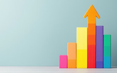 Vibrant bar chart transitioning through rainbow colors, with a bold arrow pointing upward, symbolizing diverse growth opportunities