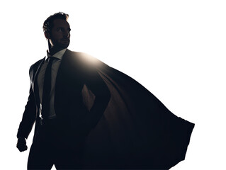 Isolated Silhouette of a Man in a Suit with a Flowing Cape